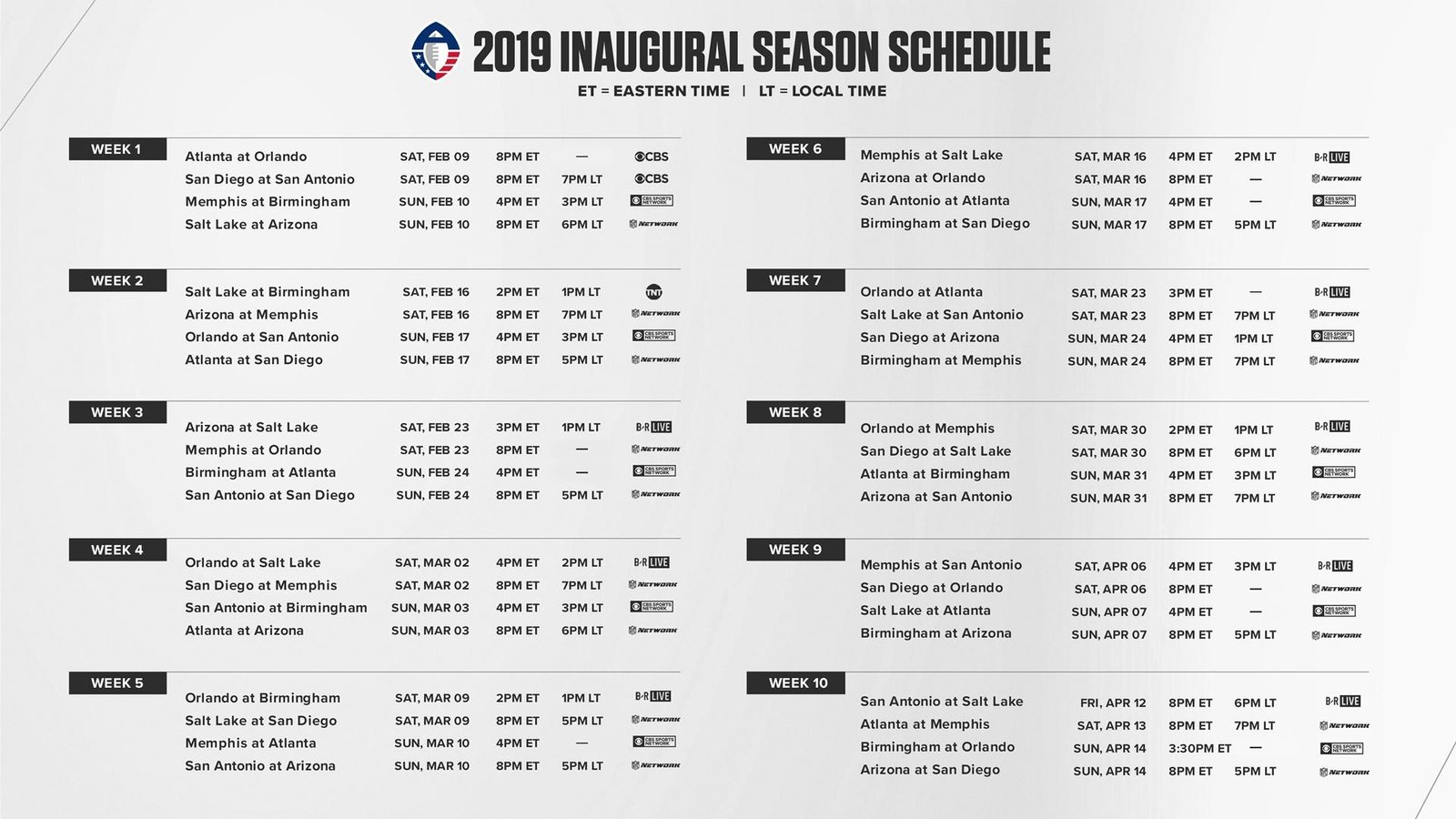 2019 AAF Schedule